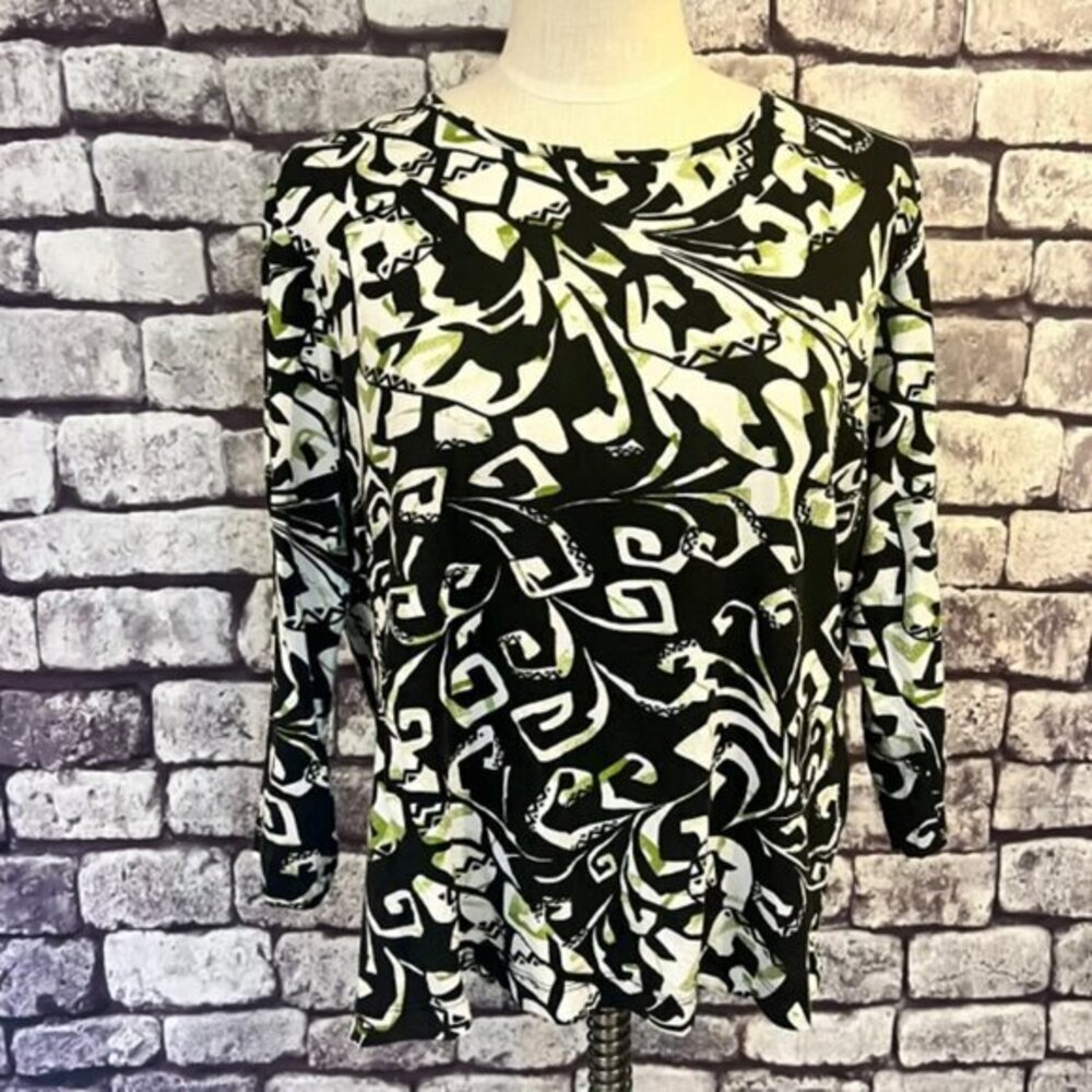 Chico's Black, White & Green 3/4 Sleeve Round Neck Blouse Size XL